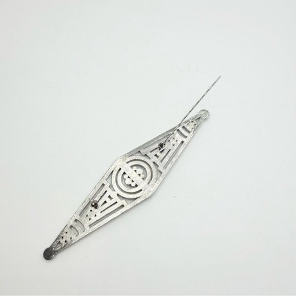 Vintage Silver Tone Art Deco Filigree Rhinestones Brooch Bar Pin - Picture 5 of 7